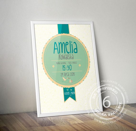 metryczka dla dziecka prezent ramka obrazek dane parametry AMELIA SZABLON 6