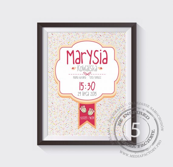 metryczka dla dziecka prezent ramka obrazek dane parametry MARYSIA SZABLON 5